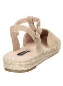 Alpargata beige de cuero para mujer con correa ajustable y suela de esparto trenzado.