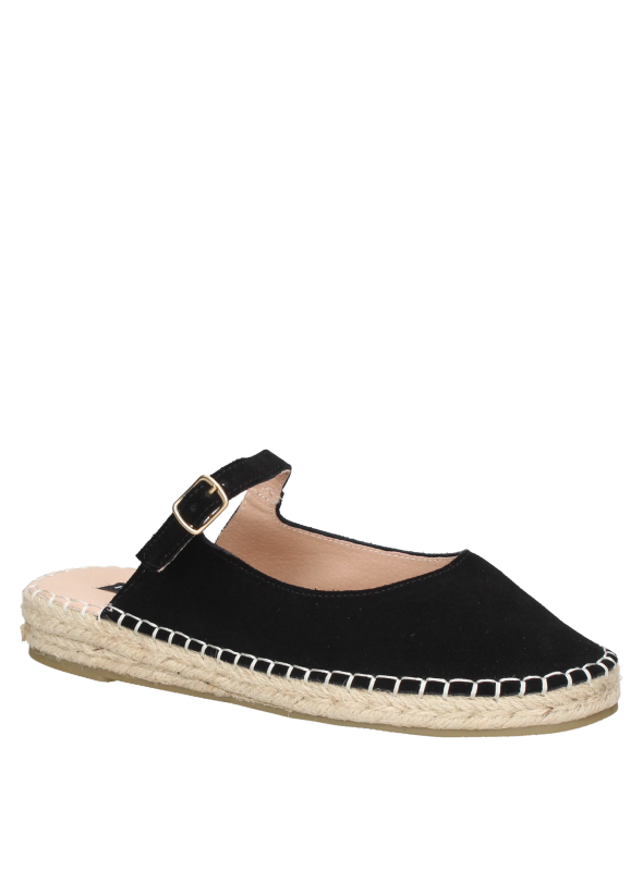 Alpargata de cuero negro con hebilla dorada, perfecta para un estilo casual chic y comodidad.