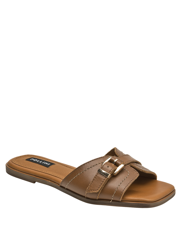 Calzado de cuero café para mujer, diseño minimalista con tira ancha y hebilla dorada, versátil y chic.