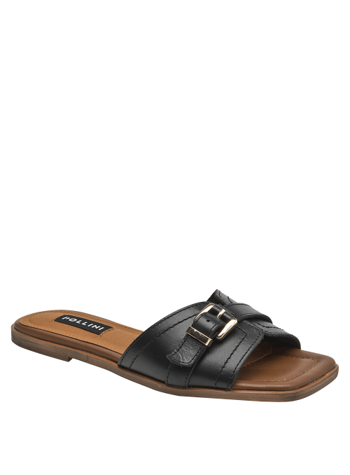 Sandalia de mujer en cuero negro, estilo minimalista, perfecta para eventos casuales.