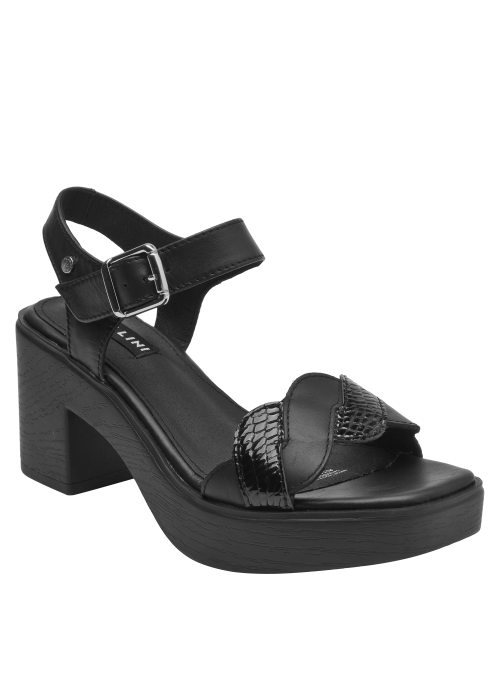 Sandalia de cuero negro con diseño moderno y textura reptil, versátil para ocasiones formales e informales.