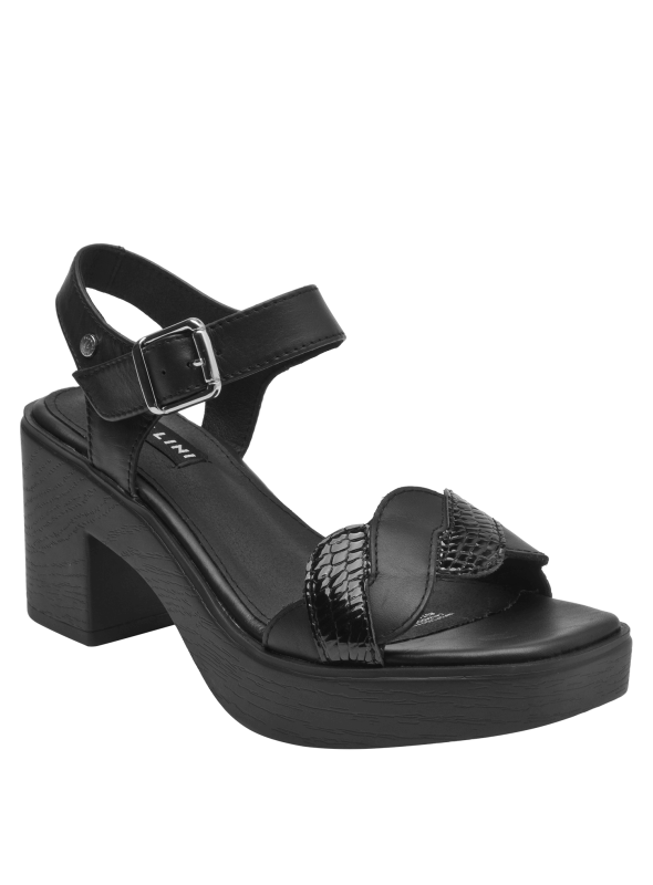 Sandalia de cuero negro con diseño moderno y textura reptil, versátil para ocasiones formales e informales.