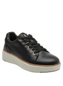 Zapatilla de cuero negro con detalles dorados, versátil para ocasiones informales y semi-formales.