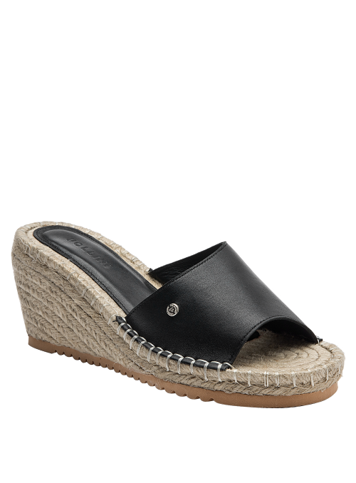 Sandalia de cuero negro con acabado pulido y sofisticado, ideal para primavera y verano.