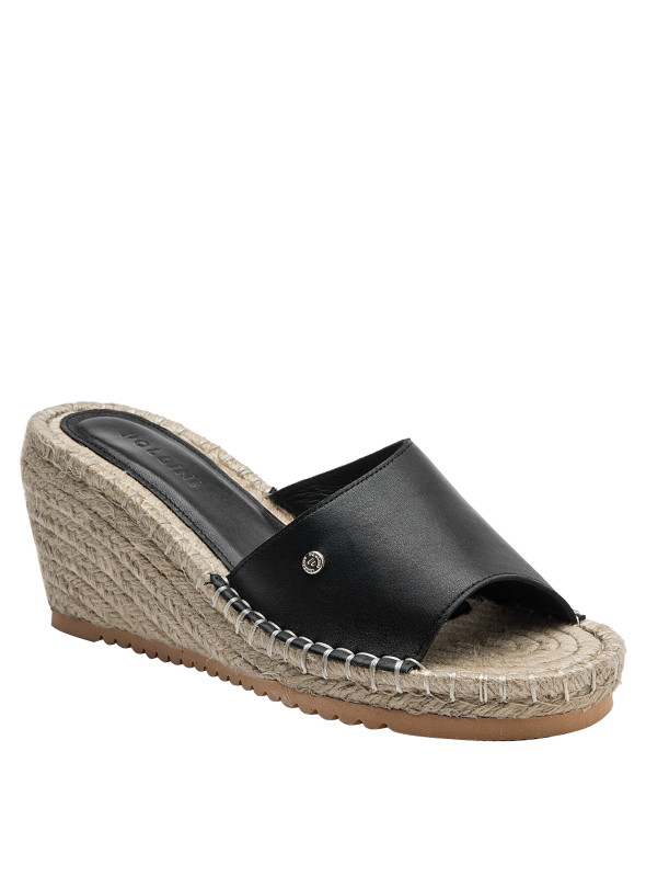 Sandalia de cuero negro con acabado pulido y sofisticado, ideal para primavera y verano.