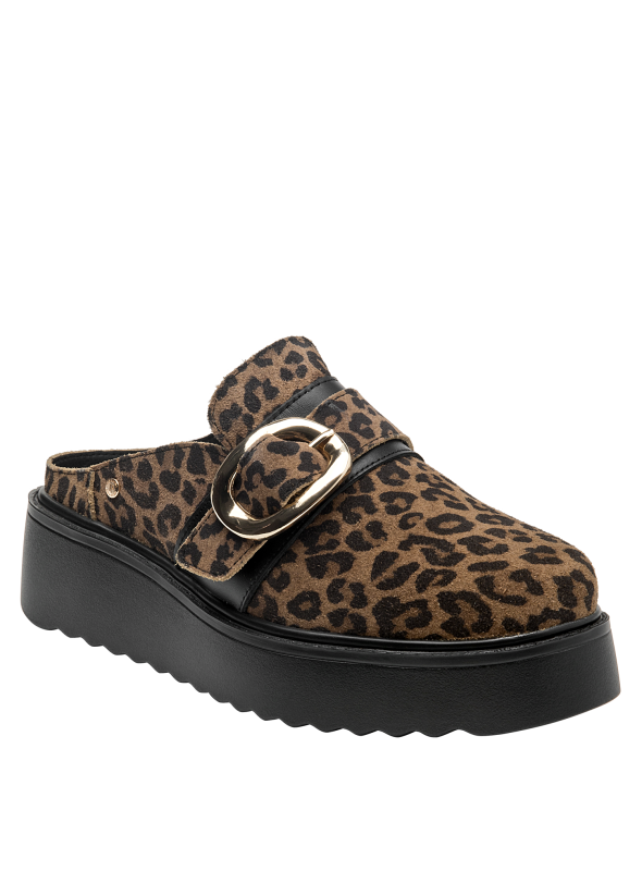 Calzado mule de cuero para mujer, estampado leopardo, hebilla dorada, versátil y moderno.