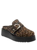 Calzado mule de cuero para mujer, estampado leopardo, hebilla dorada, versátil y moderno.