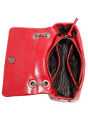 "Bolso casual urbano-chic rojo con nombre ""Zappa"" en metal, correa de cadena plateada. "