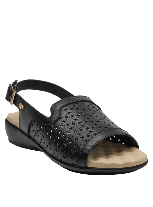 Sandalia de cuero negro, estilo minimalista, adecuada para eventos informales y climas cálidos.