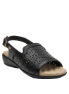 Sandalia de cuero negro, estilo minimalista, adecuada para eventos informales y climas cálidos.