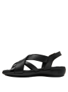 Elegante sandalia negra de cuero para mujer, diseño minimalista con tiras decorativas y hebilla dorada.