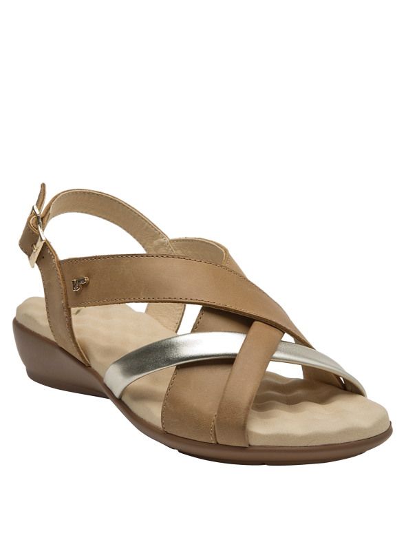 Sandalia de cuero camel para mujer, perfecta para reuniones informales y salidas a almorzar.