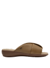 Sandalia minimalista de cuero camel, cómoda y elegante, adecuada para ocasiones semi-formales.