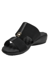 Sandalia negra de mujer con diseño minimalista y tiras cruzadas textil.