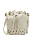 Bolso blanco casual de mujer en PU con textura lisa y aplicaciones metálicas modernas.