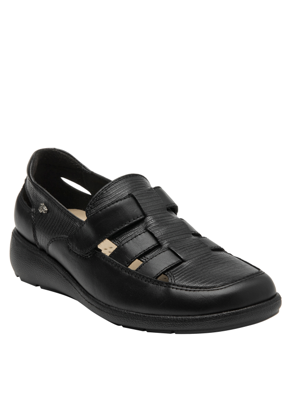 Elegante zapato de cuero negro para mujer, cómodo para uso diario y reuniones informales.