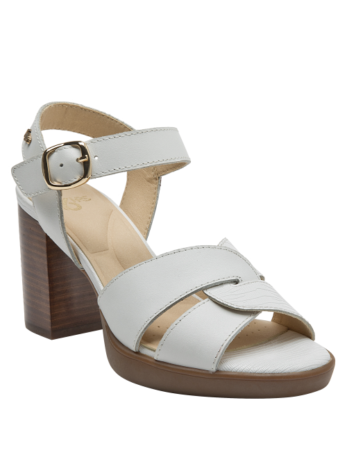 Sandalia de cuero para mujer, taco bloque y hebilla dorada, combina con vestidos veraniegos.