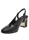 Zapato de mujer negro de charol con punta cerrada y talón abierto, diseño formal en cuero.