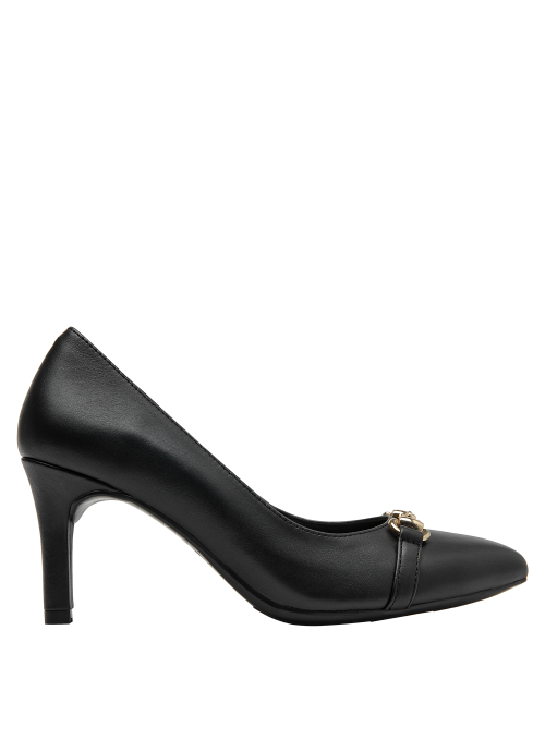 sofisticado calzado de cuero negro para mujer con detalle metálico, perfecto para eventos formales