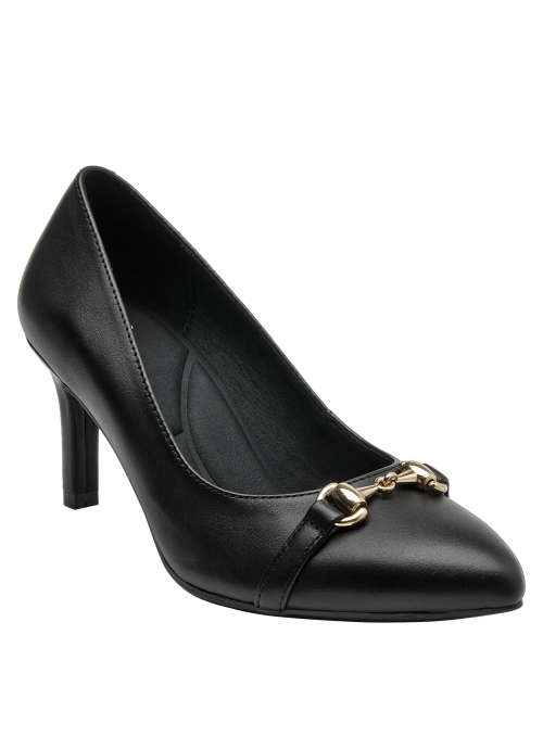 sofisticado calzado de cuero negro para mujer con detalle metálico, perfecto para eventos formales