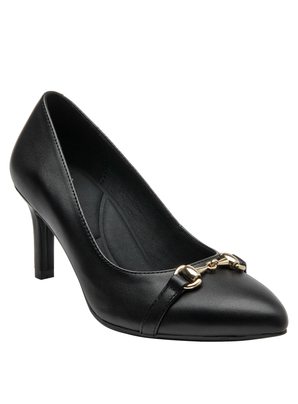 sofisticado calzado de cuero negro para mujer con detalle metálico, perfecto para eventos formales