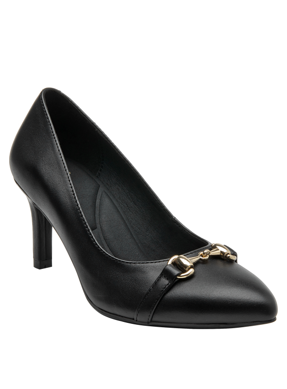 sofisticado calzado de cuero negro para mujer con detalle metálico, perfecto para eventos formales