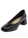 Zapato de mujer negro de cuero charol con textura de reptil y tacón cuadrado.