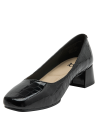 Zapato de mujer negro de cuero charol con textura de reptil y tacón cuadrado.