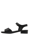 Elegante sandalia de cuero negro con tacón bajo, ideal para ocasiones semiformal y moda minimalista.