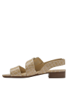 Sandalia de cuero beige con pequeño taco cuadrado imitación madera, diseño clásico y minimalista.