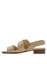 Sandalia de cuero beige con pequeño taco cuadrado imitación madera, diseño clásico y minimalista.