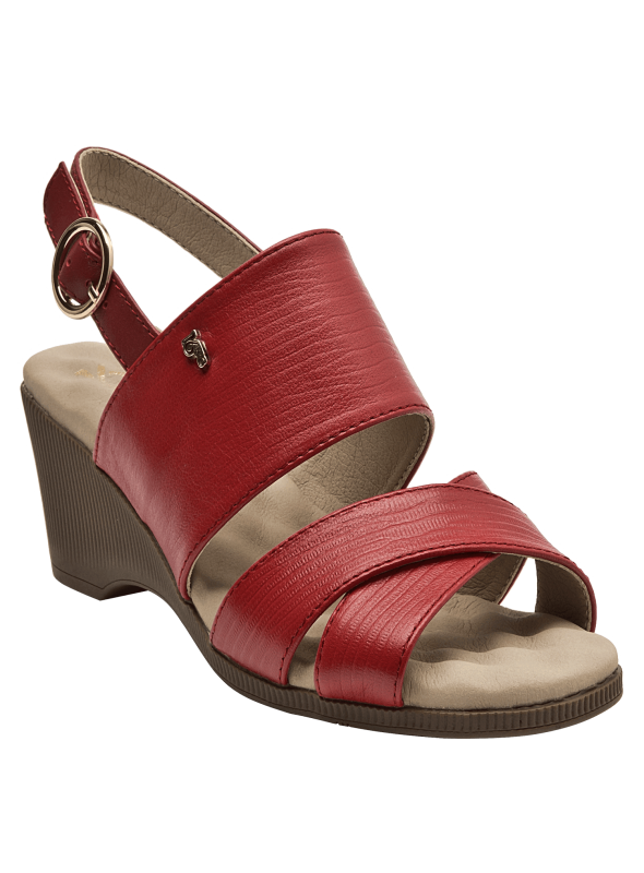 Sandalia de cuero rojo para mujer con diseño elegante y moderno, ideal para un look formal y sofisticado.