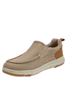 detalle de cuero sintético en talón de zapatilla beige masculina, estilo casual y moderno