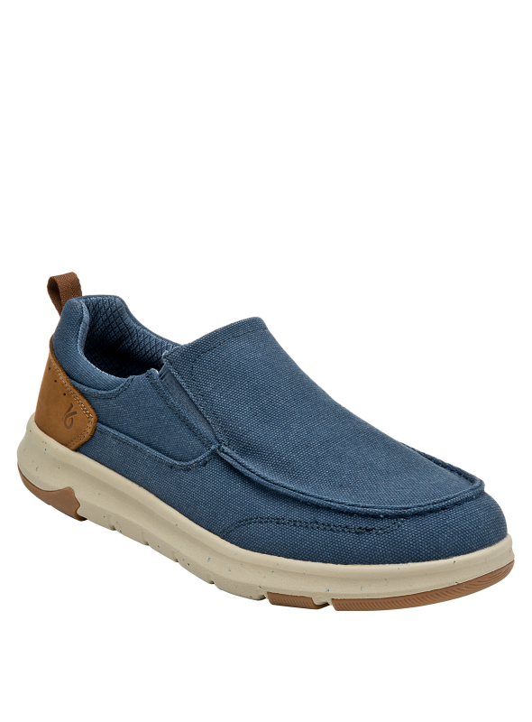zapatilla slip-on azul con detalles clásicos y suela beige estilosa