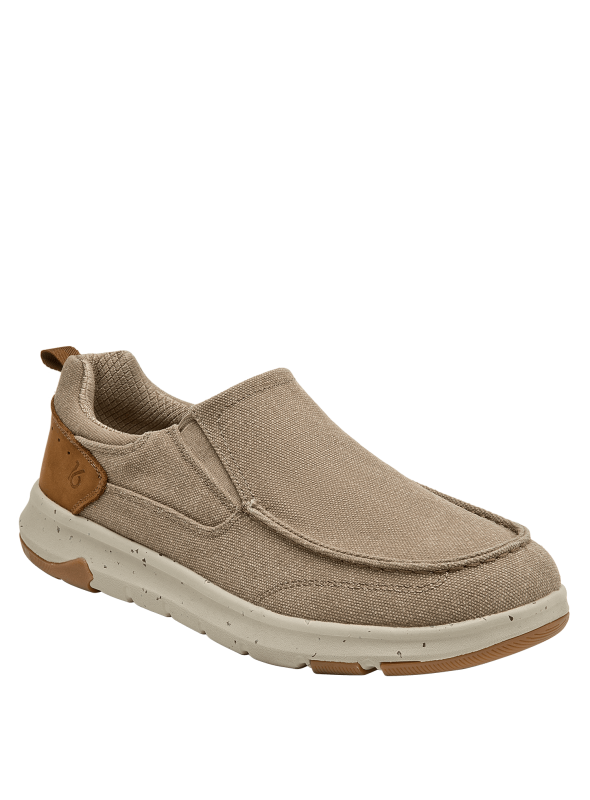 zapatilla beige casual de hombre en textil con detalles minimalistas y cuero sintético en el talón