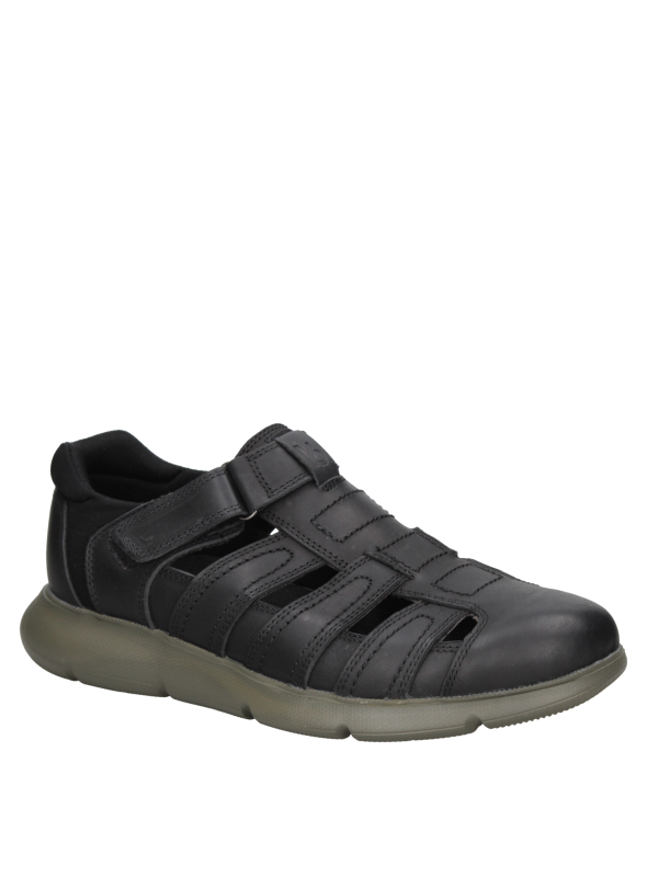 Elegante sandalia de cuero negro para hombre, con cierre de velcro y suela contrastante para mayor seguridad.