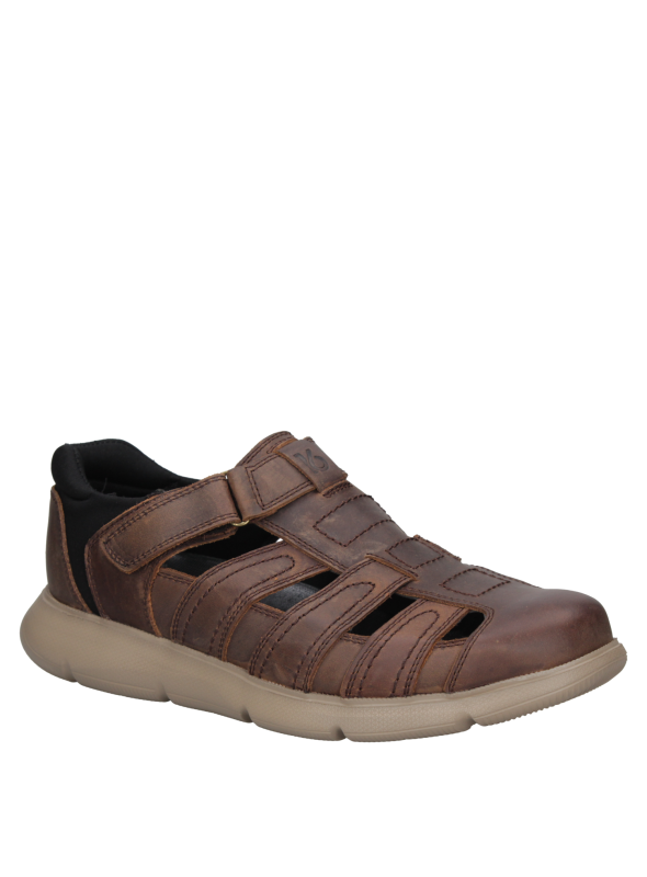 Sandalia de cuero café oscuro para hombre, diseño robusto y versátil con suela ligera beige.