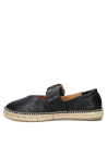 Calzado casual femenino en cuero negro con suela de yute, detalle de hebilla dorada elegante.