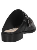 Calzado mule femenino en cuero negro reptil, hebilla plateada, estilo elegante y casual.