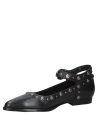 Zapato de cuero negro para mujer con tachuelas metálicas, estilo punk chic, ideal para ocasiones casuales elegantes.