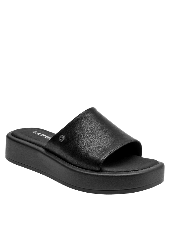 Sandalia de cuero negro para mujer, ideal para un look casual o semi-formal.