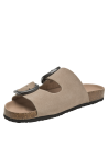 Calzado de cuero taupe con correas anchas y suela de corcho, perfecto para paseos casuales.