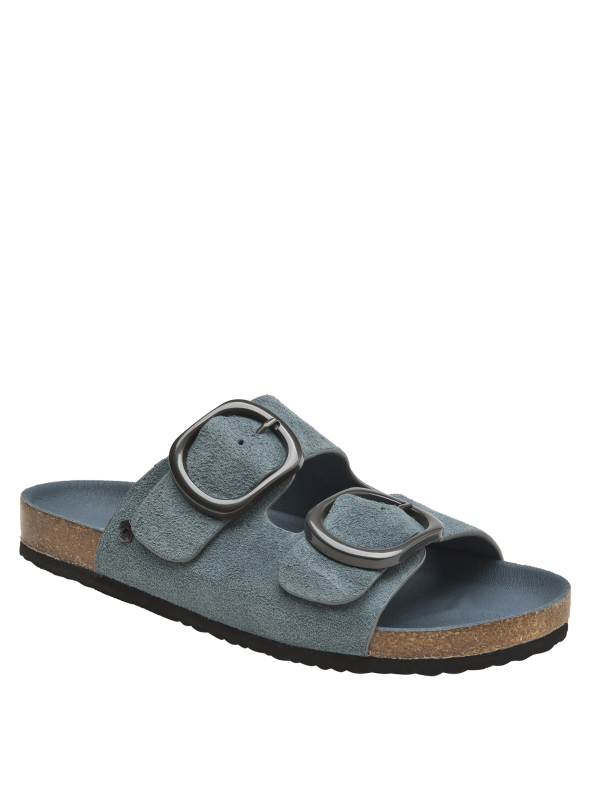 Suela de corcho ligera con base de goma negra en sandalia casual de mujer.