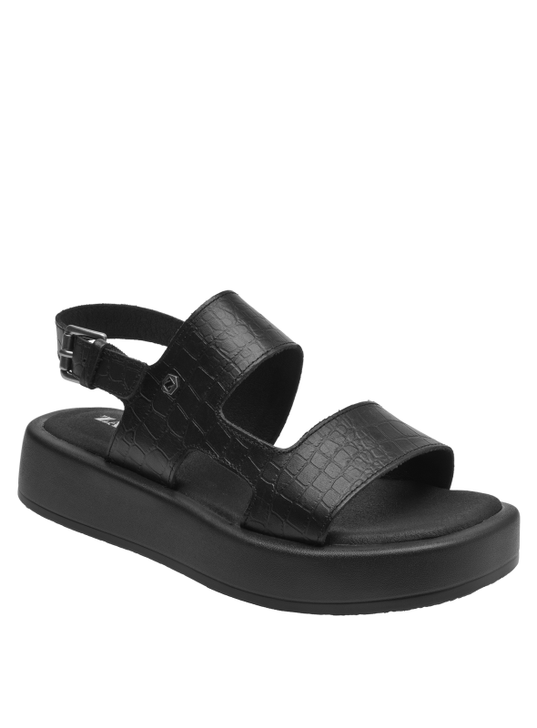 Sandalia de mujer en cuero negro, ideal para atuendos normcore.
