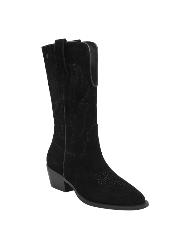 Bota vaquera de cuero negro para mujer, versátil para combinar con jeans o vestidos casuales.