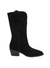 Taco de altura media en bota vaquera de cuero negro para mujer, proporciona comodidad y estabilidad.