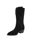 Bota vaquera de cuero negro con bordado artesanal en la parte superior para mujer, estilo clásico y elegante.