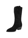Bota vaquera de cuero negro con bordado artesanal en la parte superior para mujer, estilo clásico y elegante.