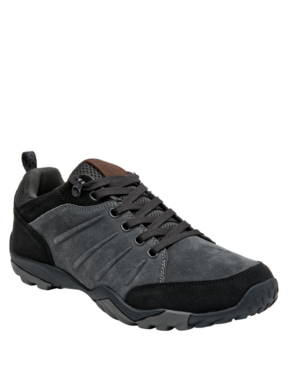 zapatilla gris versátil de cuero con diseño robusto para actividades al aire libre