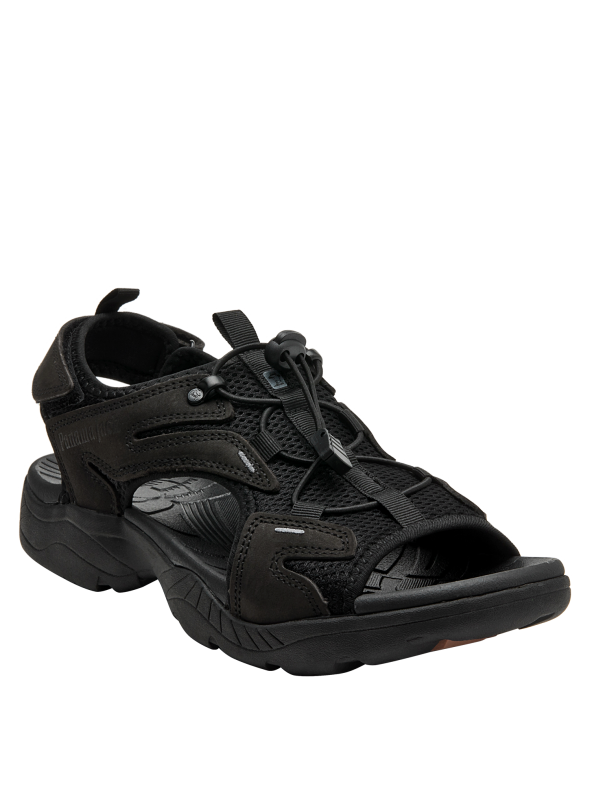 sandalia estilo athleisure de cuero negro, combinando durabilidad con moda urbana casual.